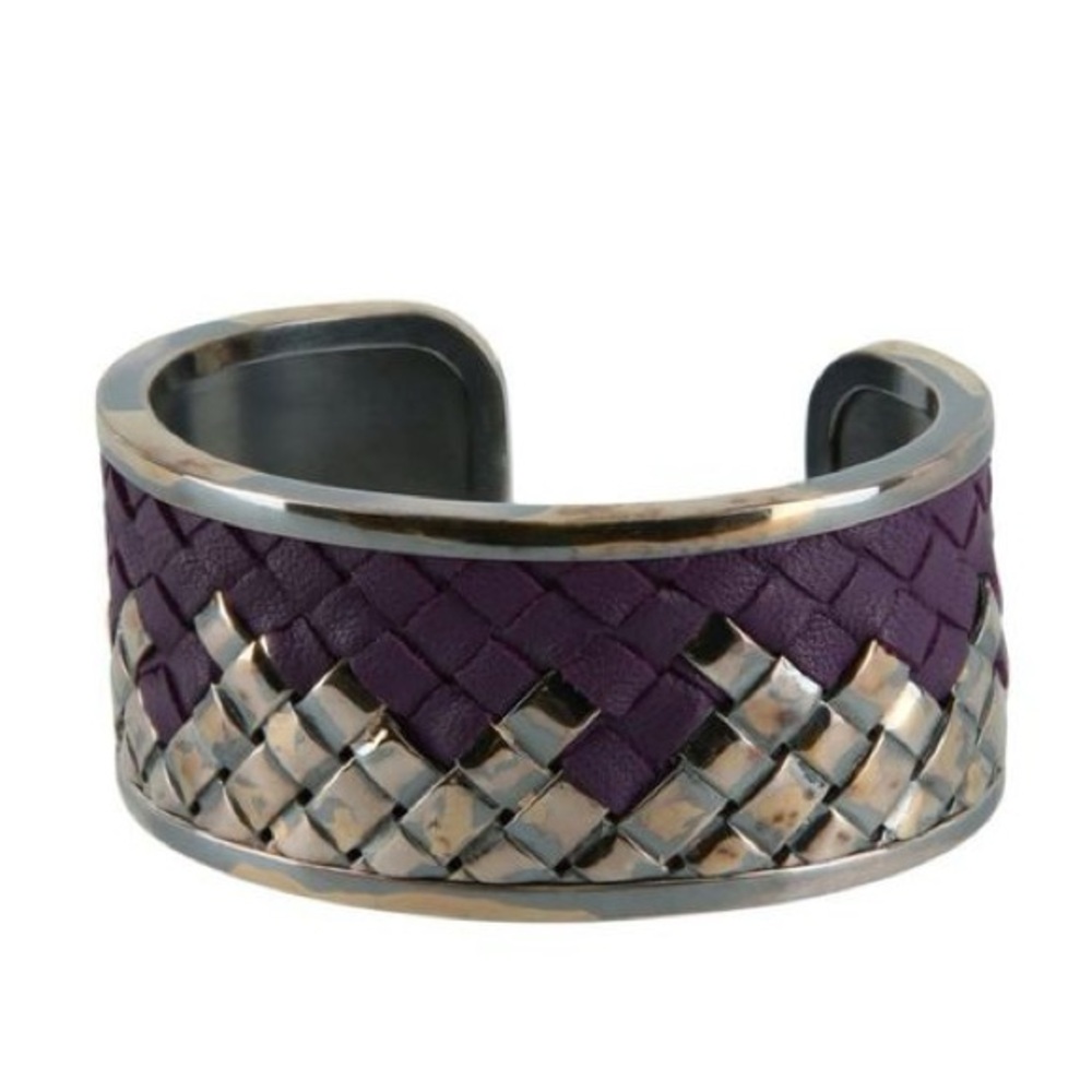 Bottega Veneta 925 sterling sliver Intrecciato leather Cuff Bracelet NEW